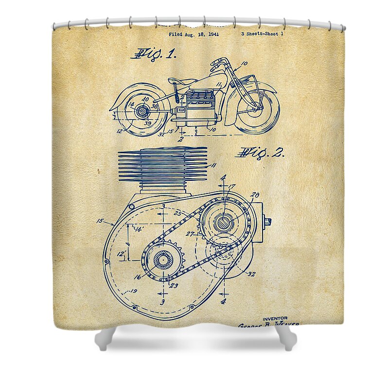Indian Motorcycle Shower Curtain featuring the digital art 1941 Indian Motorcycle Patent Artwork - Vintage by Nikki Marie Smith