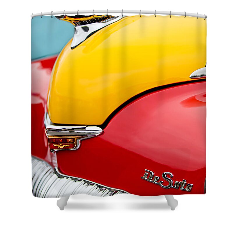 1946 Desoto Skyview Taxi Shower Curtain featuring the photograph 1946 DeSoto Skyview Taxi Cab Hood Ornament by Jill Reger