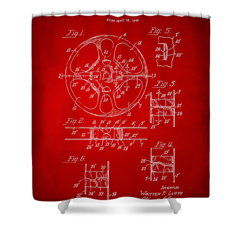 Movie Shower Curtain featuring the digital art 1949 Movie Film Reel Patent Artwork - Red by Nikki Marie Smith