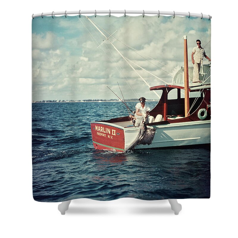 1950s Deep Sea Fishing Boat Man Pulling Shower Curtain