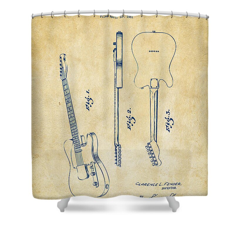 Fender Guitar Shower Curtain featuring the digital art 1951 Fender Electric Guitar Patent Artwork - Vintage by Nikki Marie Smith