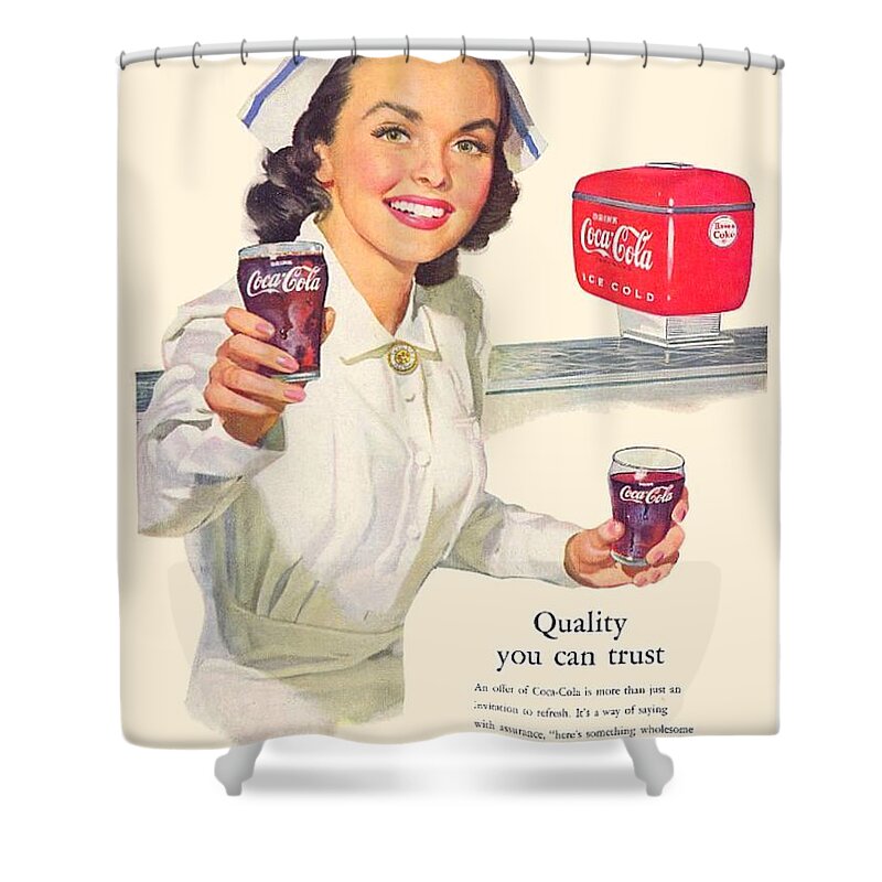 1952 Shower Curtain featuring the digital art 1952 - Coca-Cola Advertisement - Color by John Madison