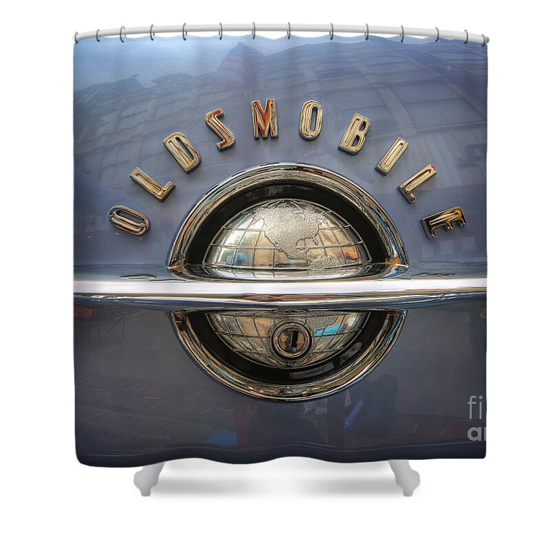 1952 Oldsmobile Logo Shower Curtain featuring the photograph 1952 Oldsmobile logo by Arttography LLC