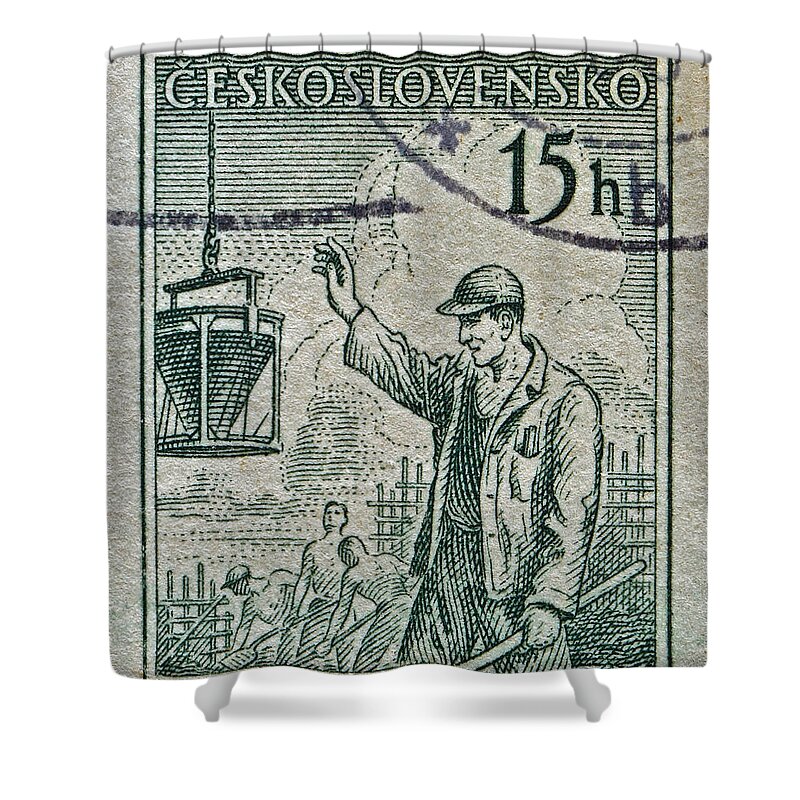 1954 Shower Curtain featuring the photograph 1954 Czechoslovakian Construction Worker Stamp by Bill Owen