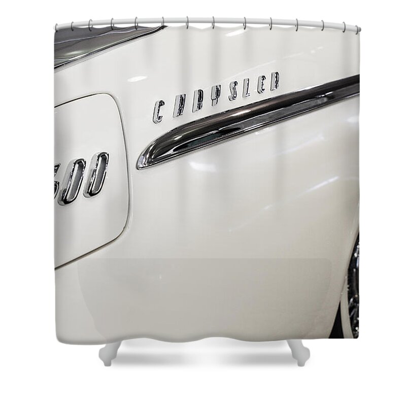 1955 Shower Curtain featuring the photograph 1955 Chrysler 300 Emblem by Ron Pate