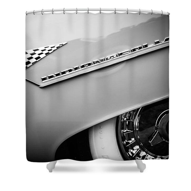 1955 Lincoln Indianapolis Boano Coupe Emblem Shower Curtain featuring the photograph 1955 Lincoln Indianapolis Boano Coupe Emblem -0295bw by Jill Reger
