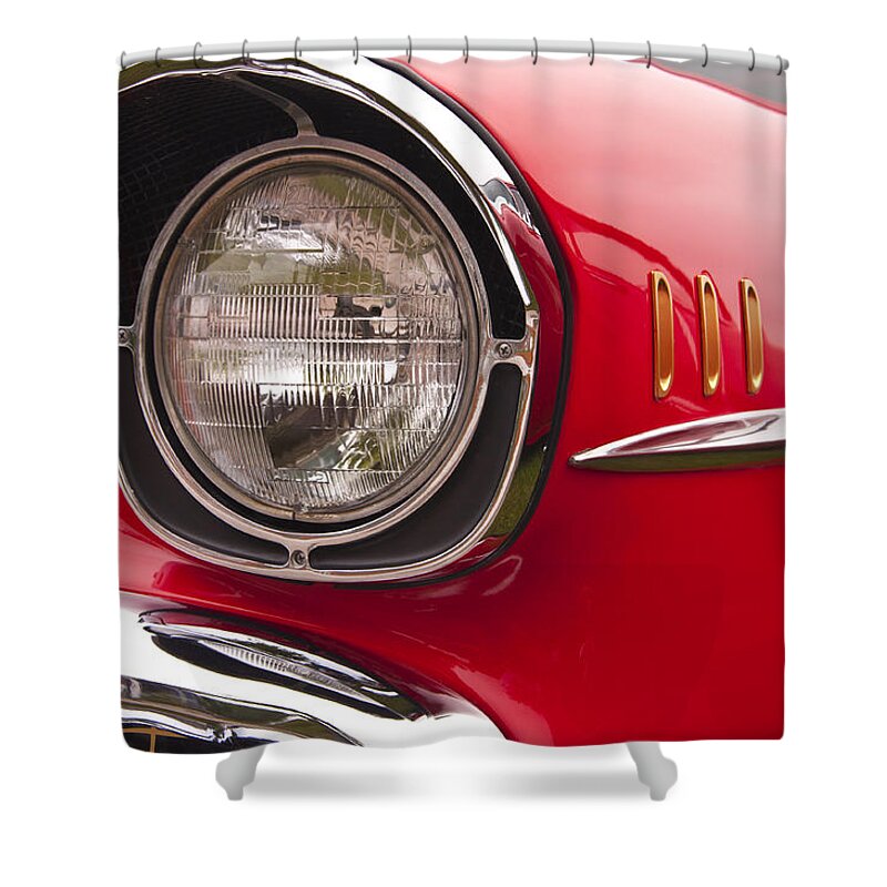 1957 Shower Curtain featuring the photograph 1957 Chevrolet Bel Air Headlight by Glenn Gordon