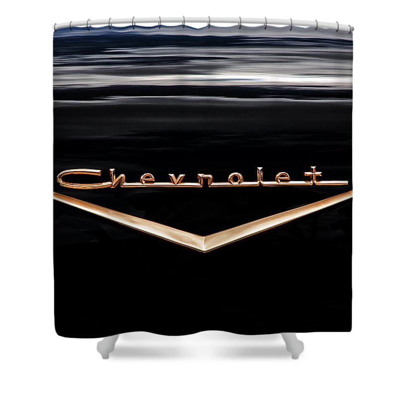 V8 Engine Shower Curtain featuring the photograph 1957 Chevrolet Emblem by Rich Franco