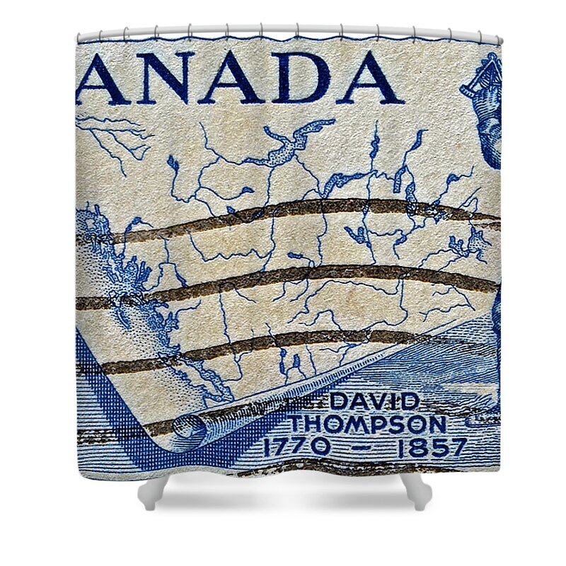 1957 Shower Curtain featuring the photograph 1957 David Thompson Canada Stamp by Bill Owen