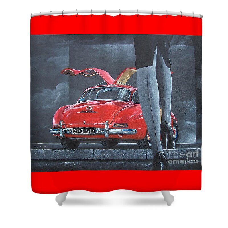 Mercedes Benz Paintings Shower Curtain featuring the painting 1957 Mercedes Benz 300 SL Gullwing coupe by Sinisa Saratlic