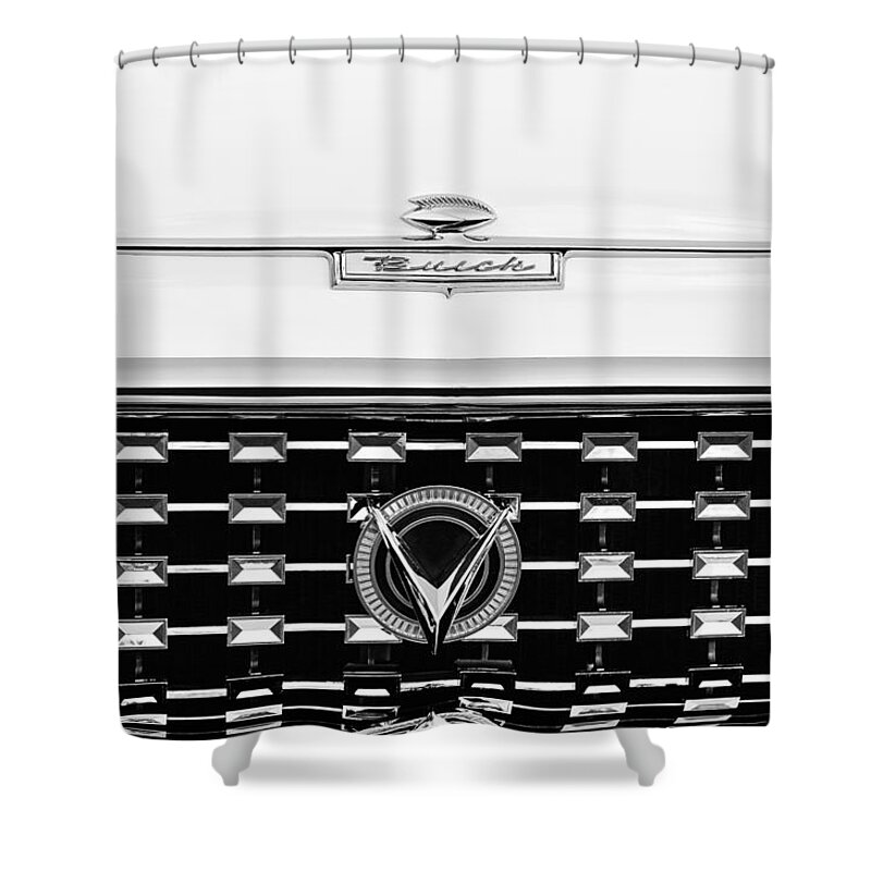 1959 Buick Le Sabre Convertible Grille Emblems Shower Curtain featuring the photograph 1959 Buick LeSabre Convertible Grille Emblems by Jill Reger