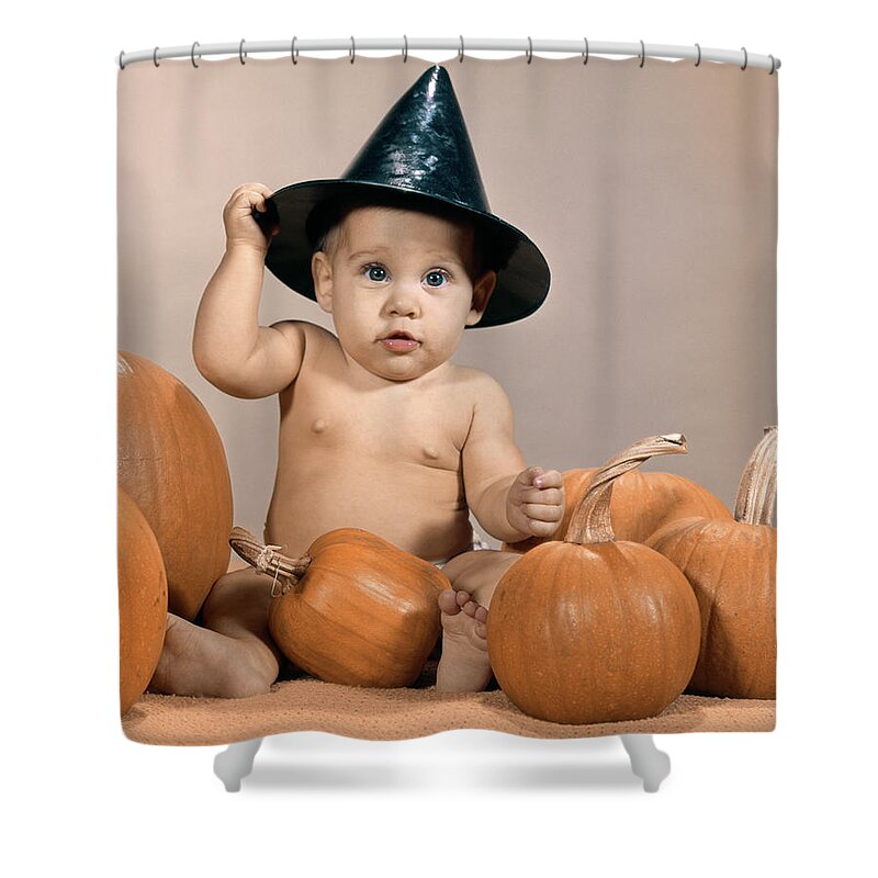 Photography Shower Curtain featuring the photograph 1960s Baby Wearing Halloween Witch Hat by Vintage Images