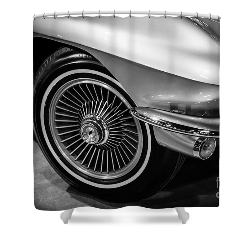 1963 Shower Curtain featuring the photograph 1960's Chevrolet Corvette C2 in Black and White by Paul Velgos