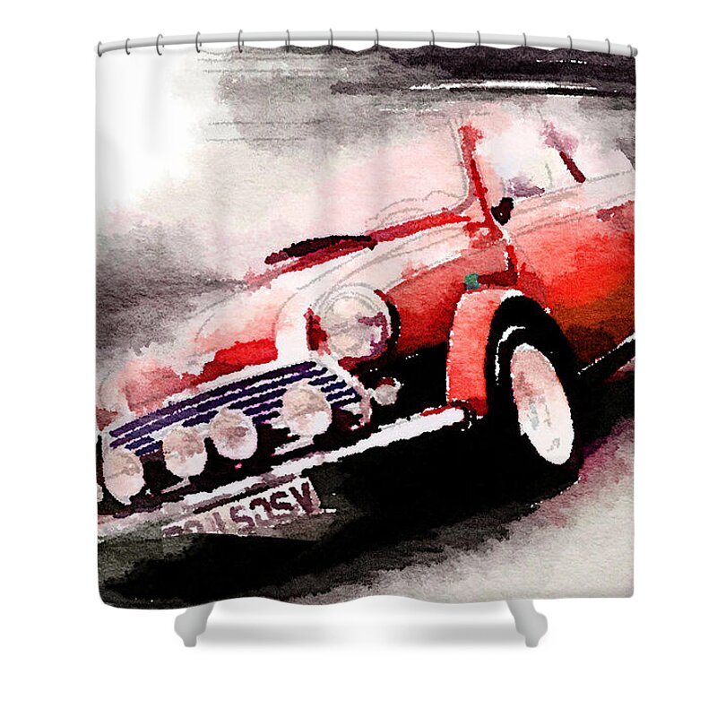 Austin Mini Cooper Shower Curtain featuring the painting 1963 Austin Mini Cooper Watercolor by Naxart Studio