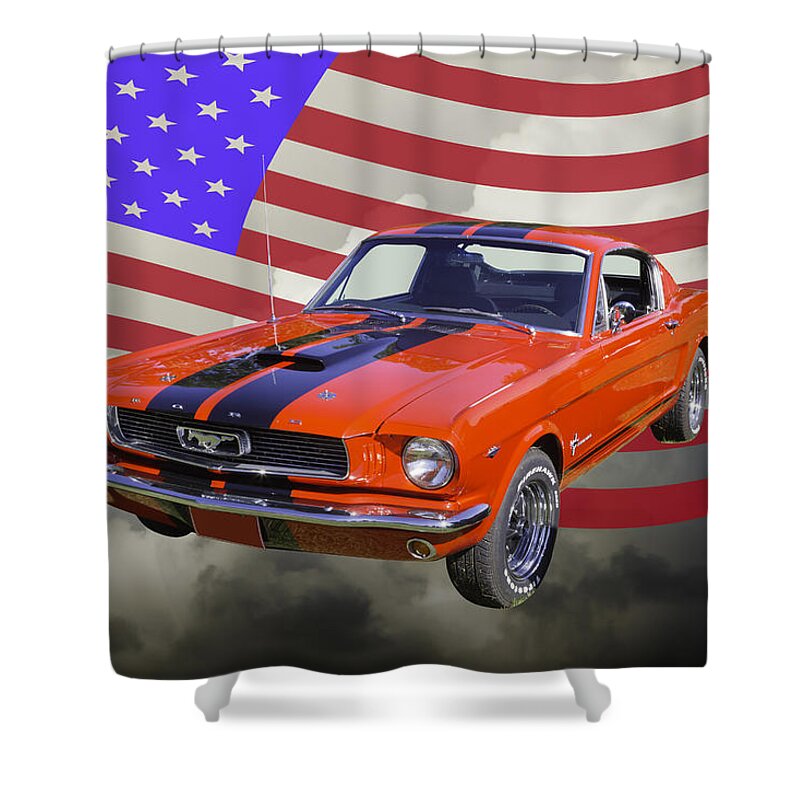 Car Shower Curtain featuring the photograph 1966 Ford Mustang Fastback and American Flag by Keith Webber Jr