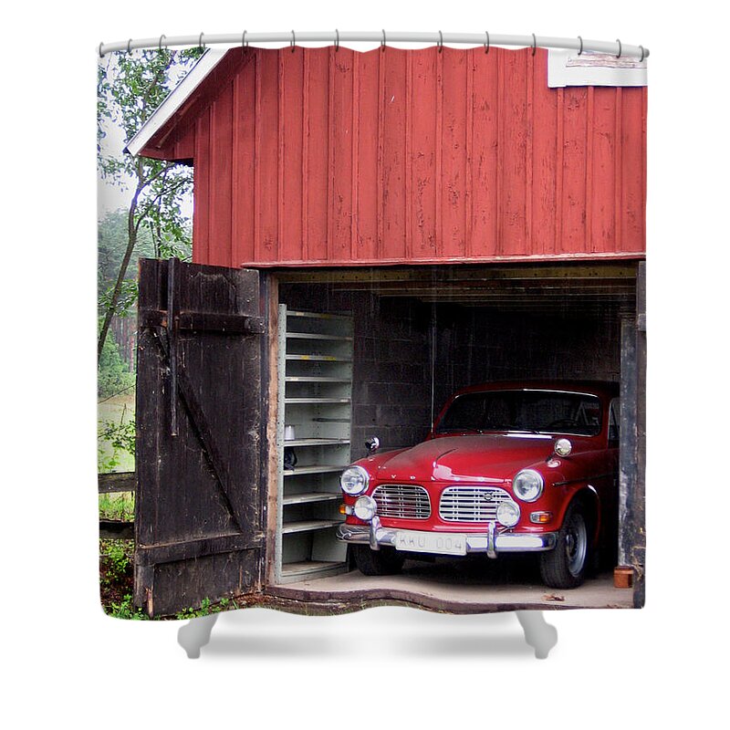Dereske Shower Curtain featuring the photograph 1967 Volvo in Red Sweden Barn by Mary Lee Dereske