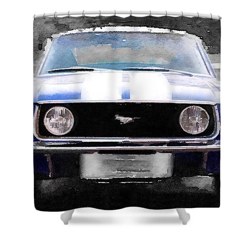 Ford Mustang Shower Curtain featuring the painting 1968 Ford Mustang Front End Watercolor by Naxart Studio