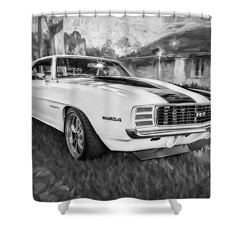 1969 Chevrolet Camaro Shower Curtain featuring the photograph 1969 Chevy Camaro RS Painted BW  by Rich Franco