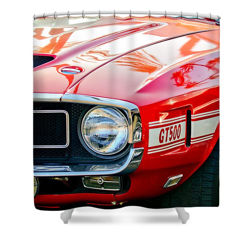 1969 Shelby Cobra Gt500 Front End - Grille Emblem Shower Curtain featuring the photograph 1969 Shelby Cobra GT500 Front End - Grille Emblem by Jill Reger