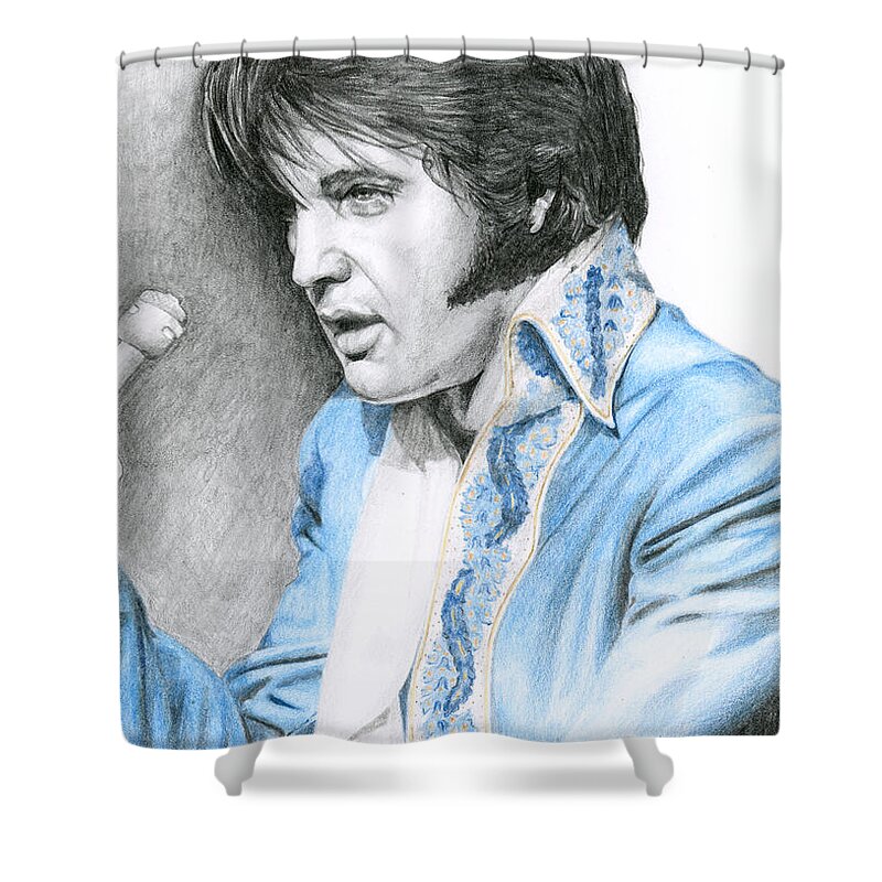 Elvis Shower Curtain featuring the drawing 1970 Blue Brocade Suit by Rob De Vries