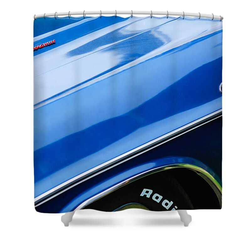 1970 Dodge Challenger Rt Convertible Emblems Shower Curtain featuring the photograph 1970 Dodge Challenger RT Convertible Emblems by Jill Reger