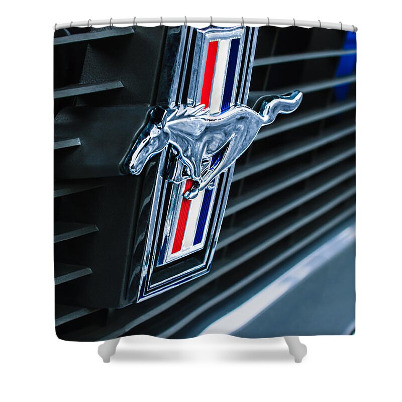 1970 Ford Mustang Boss 302 Fastback Grille Emblem Shower Curtain featuring the photograph 1970 Ford Mustang Boss 302 Fastback Grille Emblem by Jill Reger