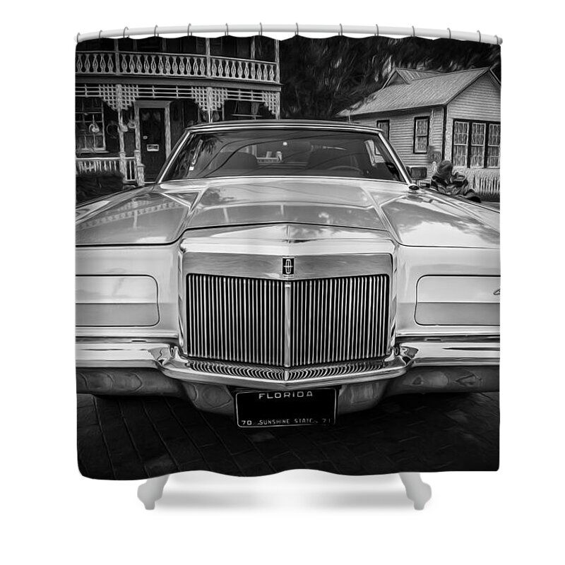 1971 Lincoln Shower Curtain featuring the photograph 1971 Lincoln Continental Mark III Painted BW by Rich Franco