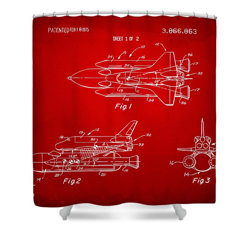 Space Ship Shower Curtain featuring the digital art 1975 Space Shuttle Patent - Red by Nikki Marie Smith