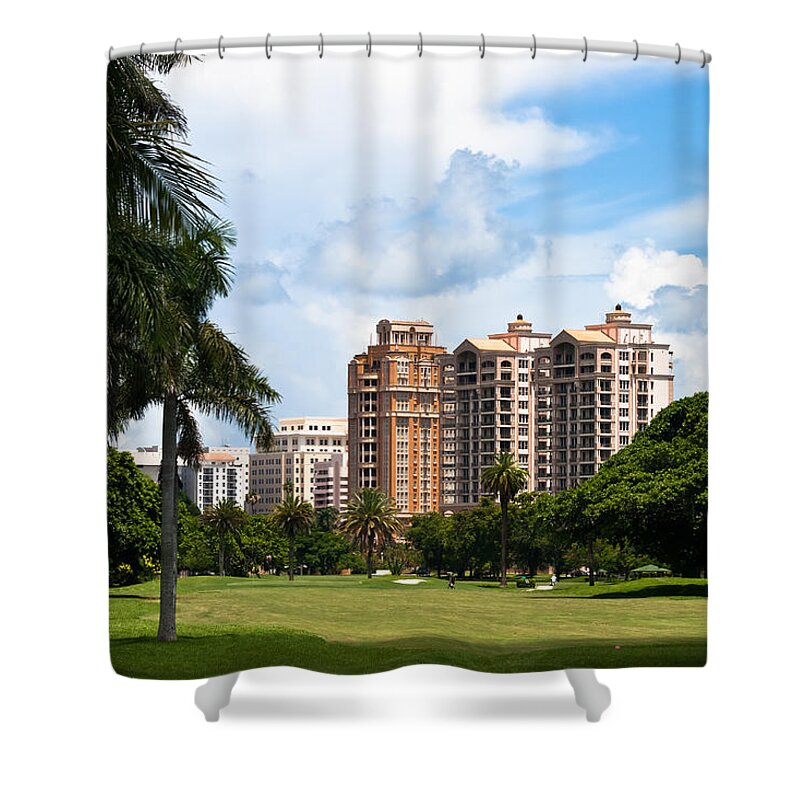 Blue Sky Shower Curtain featuring the photograph 1st Hole at Granada Golf Course by Ed Gleichman