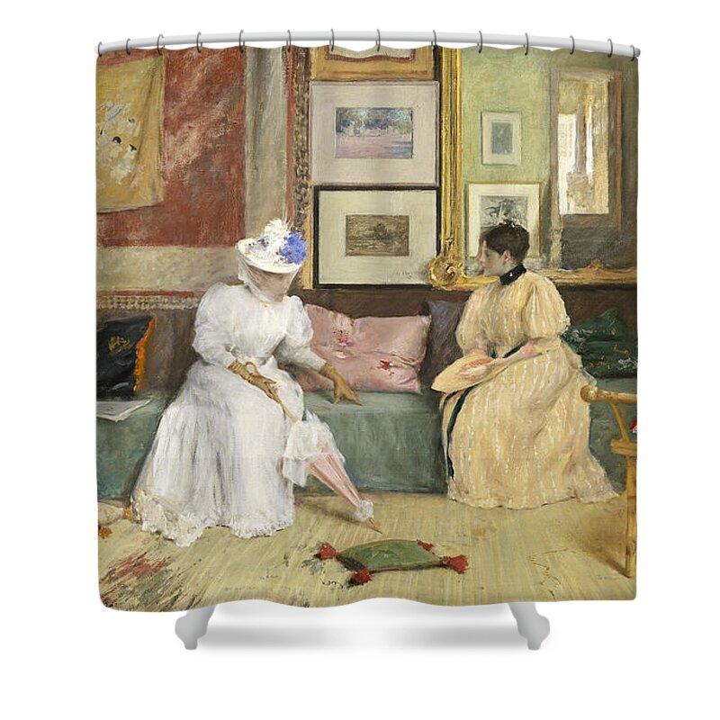Sitting; Room; Parasol; Conversation; Interior; Society; American; Impressionist; Impressionism; Visit; Ten; Group; Friends; Conversing Shower Curtain featuring the painting A Friendly Call by William Merritt Chase