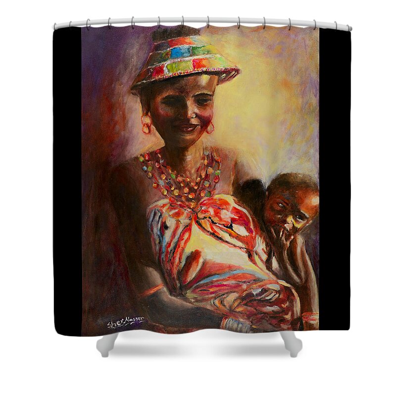 Sher Nasser Artist Shower Curtain featuring the painting African Mother and Child by Sher Nasser Artist