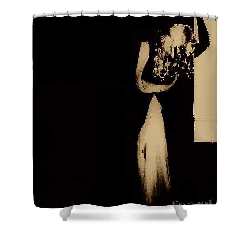 Sepia Emotive Dark People Women Black Sad Shower Curtain featuring the photograph Alone #2 by Jessica S