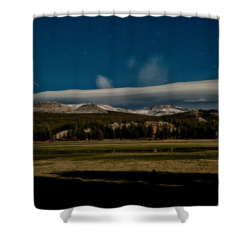 Night Sky Clouds Stars Yosemite national Park Mountains Snow Spring Scenic Landscape Nature California sierra Nevada Light Moon Meadow Shower Curtain featuring the photograph 2 a.m. in Tuolumne Meadows by Cat Connor