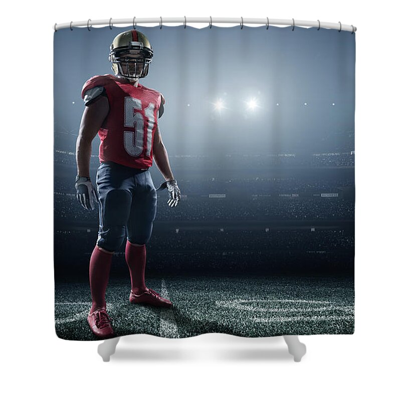 Soccer Uniform Shower Curtain featuring the photograph American Football In Action #2 by Dmytro Aksonov