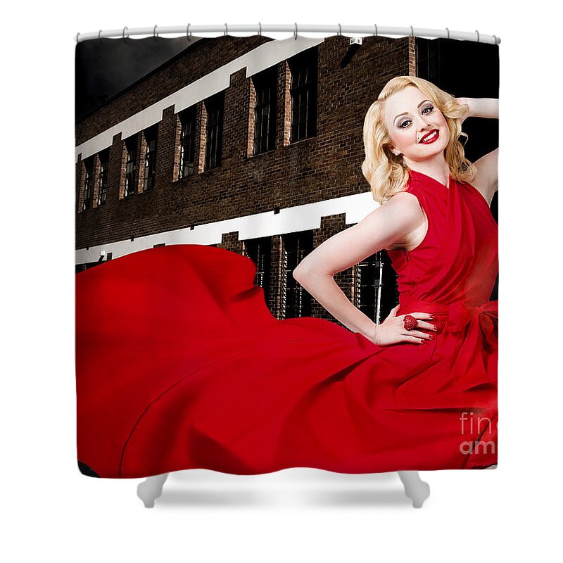 Fashion Shower Curtain featuring the photograph Beautiful sexy blond girl wearing a long dress #2 by Jorgo Photography