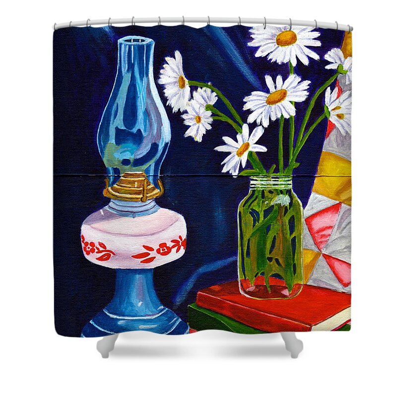 Lamp Shower Curtain featuring the painting 2 Books and a Lamp by Laura Forde