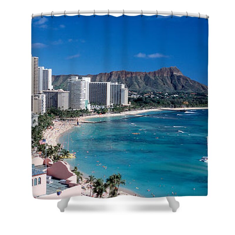 Photography Shower Curtain featuring the photograph Buildings At The Waterfront, Waikiki #2 by Panoramic Images