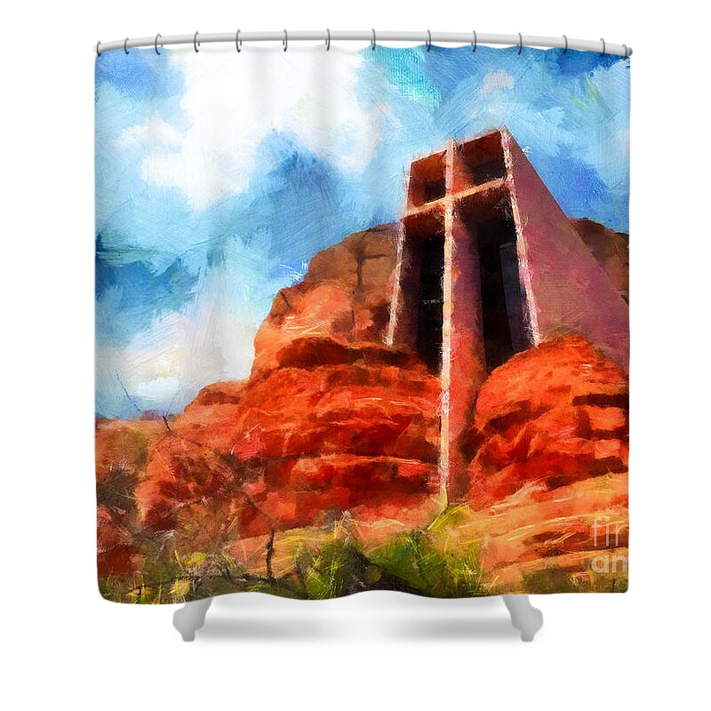 Marguerite Brunswig Staude Shower Curtain featuring the photograph Chapel of the Holy Cross Sedona Arizona Red Rocks #2 by Amy Cicconi