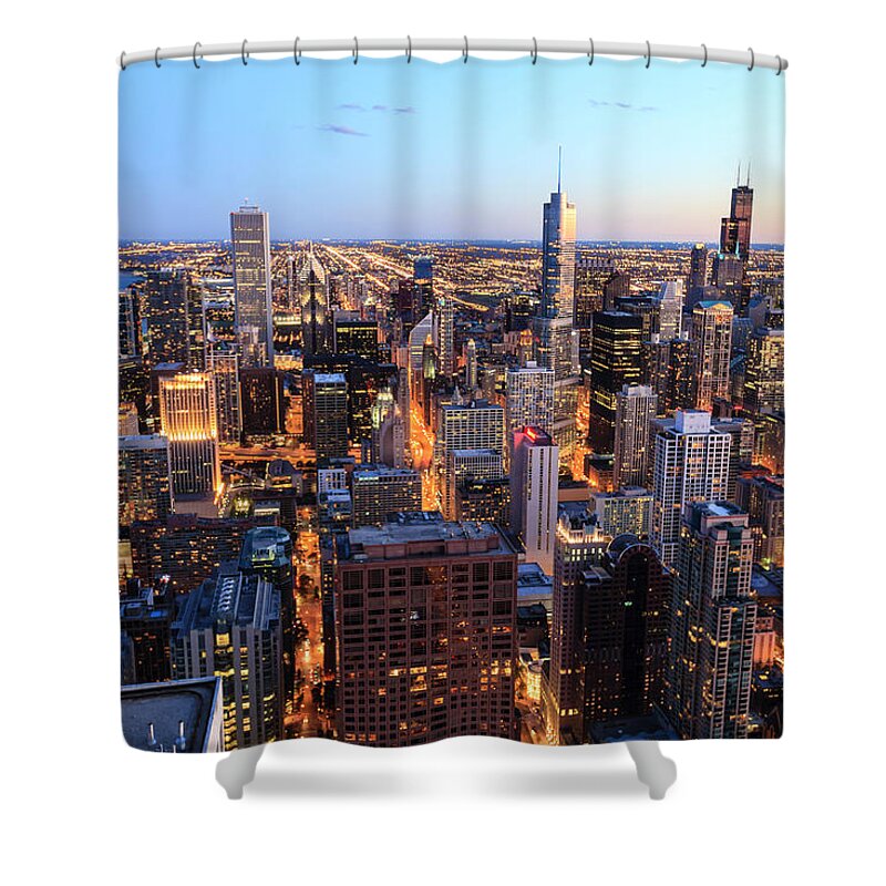 Lake Michigan Shower Curtain featuring the photograph Chicago Cityscape At Sunset #2 by Fraser Hall