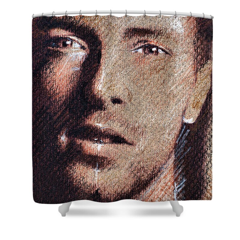 Chris Martin Portrait Shower Curtain featuring the drawing Chris Martin - Coldplay #1 by Daliana Pacuraru