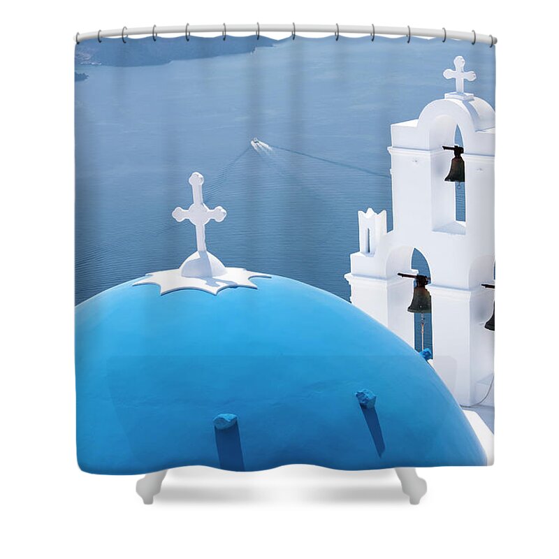 Tranquility Shower Curtain featuring the photograph Church Domes, Santorini, Greece #2 by David Clapp