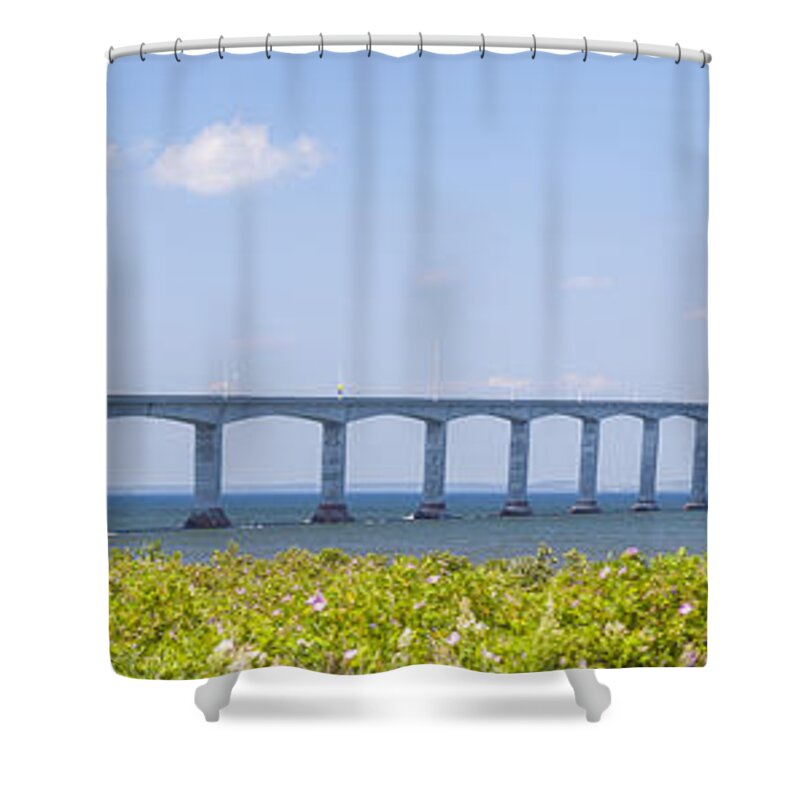 Bridge Shower Curtain featuring the photograph Confederation Bridge panorama 1 by Elena Elisseeva
