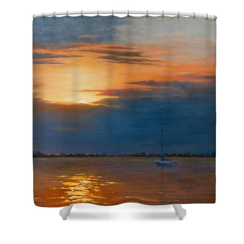 Late Sunset On Bay Shower Curtain featuring the painting Days End by Audrey McLeod