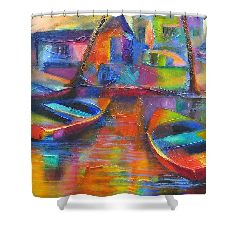 Abstract Shower Curtain featuring the painting Fishing Village by Cynthia McLean