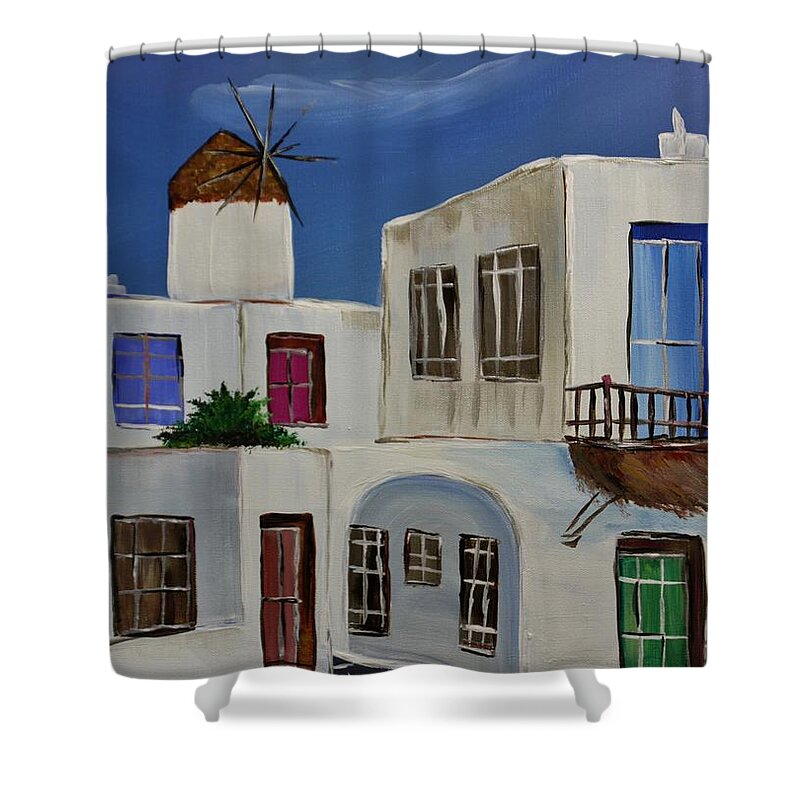Greece Shower Curtain featuring the painting Greek Village by Janice Pariza