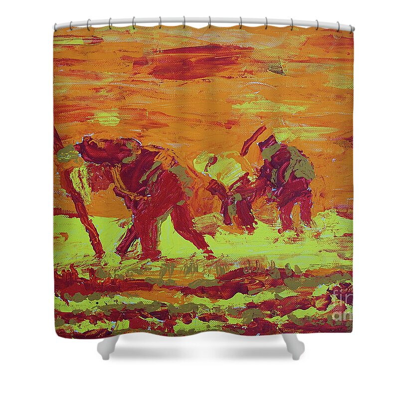  Hot Pallet Shower Curtain featuring the painting Hot Potatoes by Linda Simon
