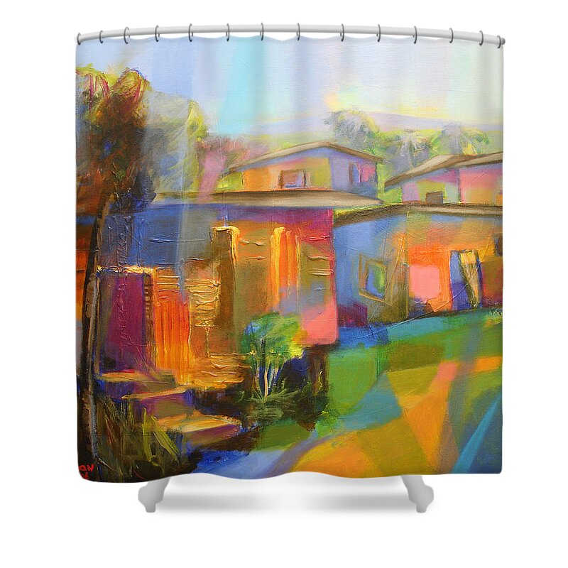 Abstract Shower Curtain featuring the painting Houses by Cynthia McLean