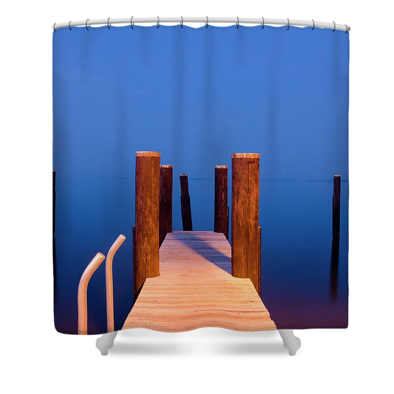 Dock Shower Curtain featuring the digital art Leading into the Big Blue by Crystal Wightman