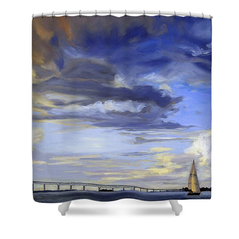 Christine Hopkins Shower Curtain featuring the painting Newport Bridge Newport Rhode Island #4 by Christine Hopkins