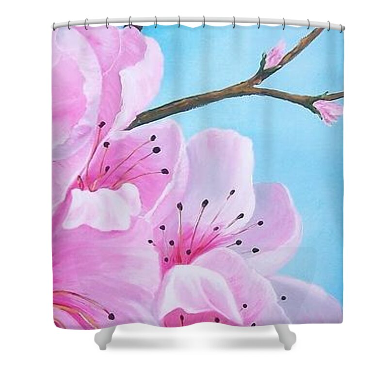 Peach Shower Curtain featuring the painting #2 of Diptych Peach Tree in Bloom #2 by Sharon Duguay